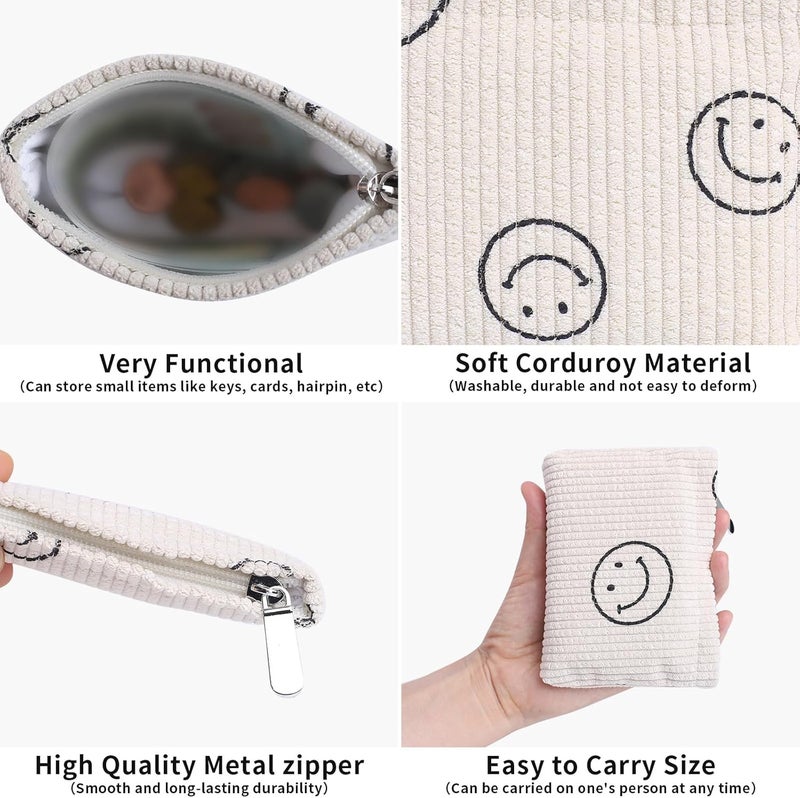 Teircno 2 Pack Coin Purse, Soft Corduroy Purse Pouch with Zipper Cute Smiley Face Coin Purse Mini Change Purse Pouch for Pocket, Small Purse for Women Credit Card Key Lipstick Holder - Image 3